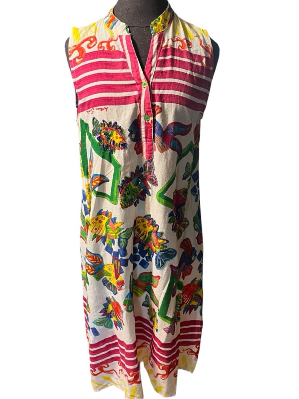 Antica Sartorial Sleeveless Beaded Fish Tropical Cotton Sleeveless Dress Small